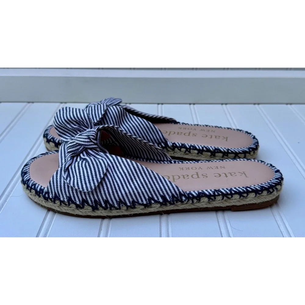 Kate Spade Saltie Shore Navy White Striped Bow Espadrille Slide Sandals 7B